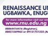 ADMISSIONS ARE OPEN FOR THE 2024/2025 ACADEMIC SESSION AT RENAISSANCE UNIVERSITY, UGBAWKA ENUGU STATE.