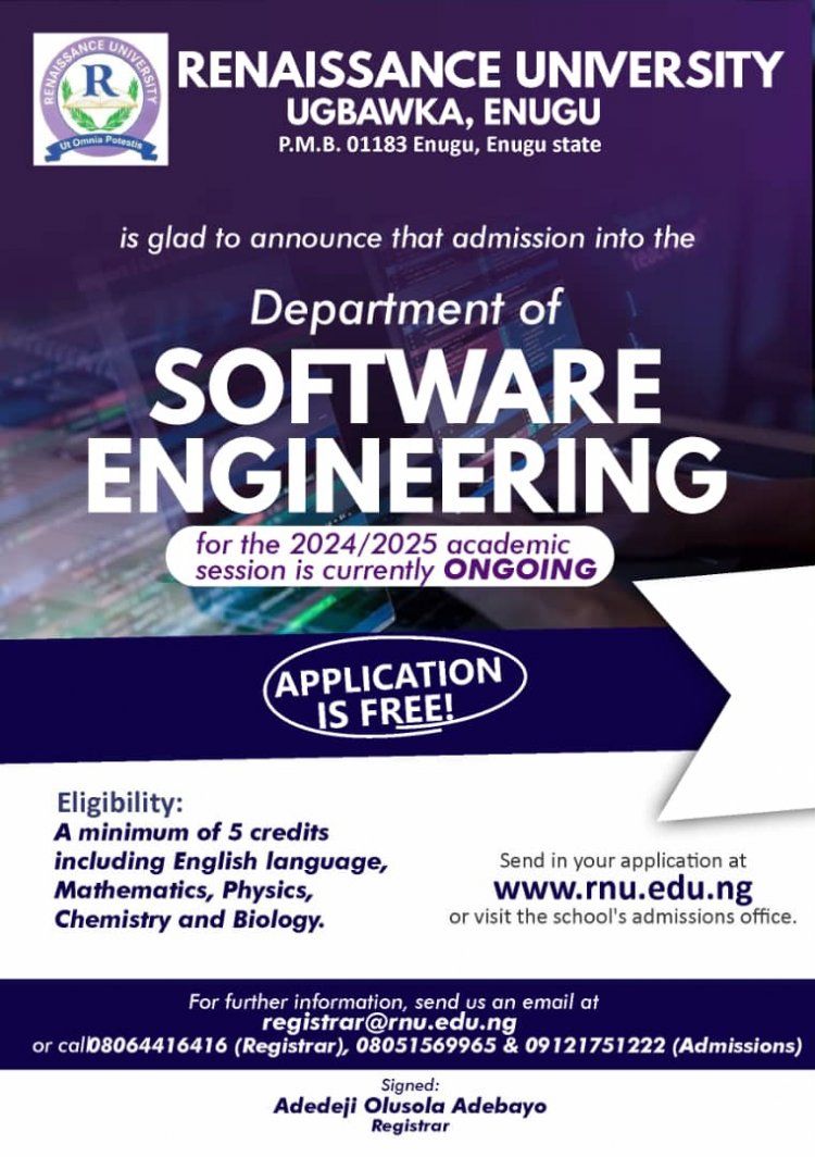 APPLY FOR SOFTWARE ENGINEERING WITH YOUR 2024 JAMB RESULT AT RENAISSANCE UNIVERSITY