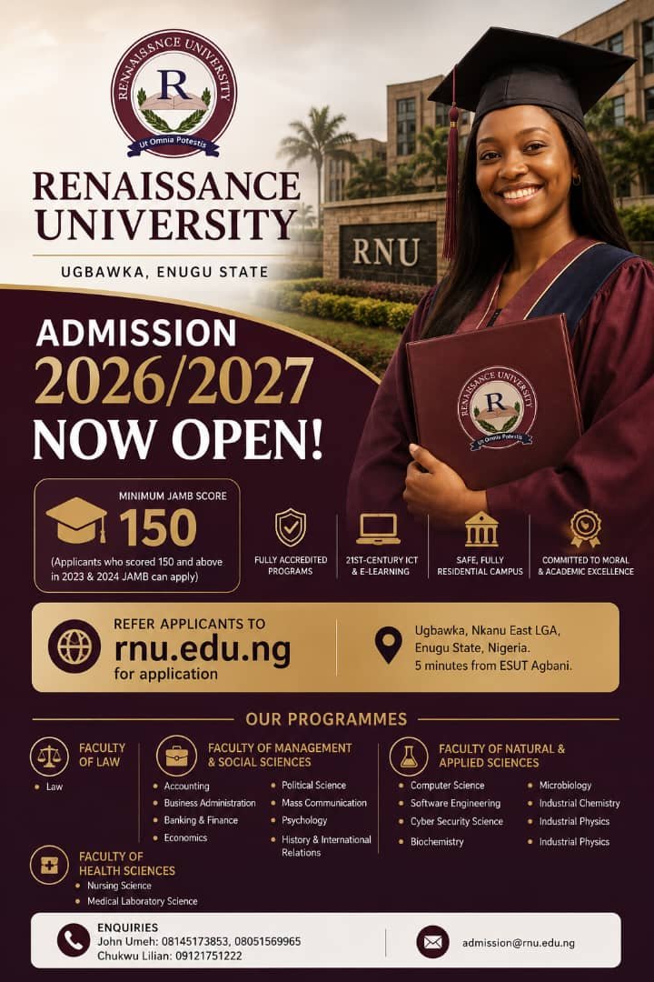 ADMISSION 2026/2027 — NOW OPEN! RENAISSANCE UNIVERSITY UGBAWKA, ENUGU STATE. 